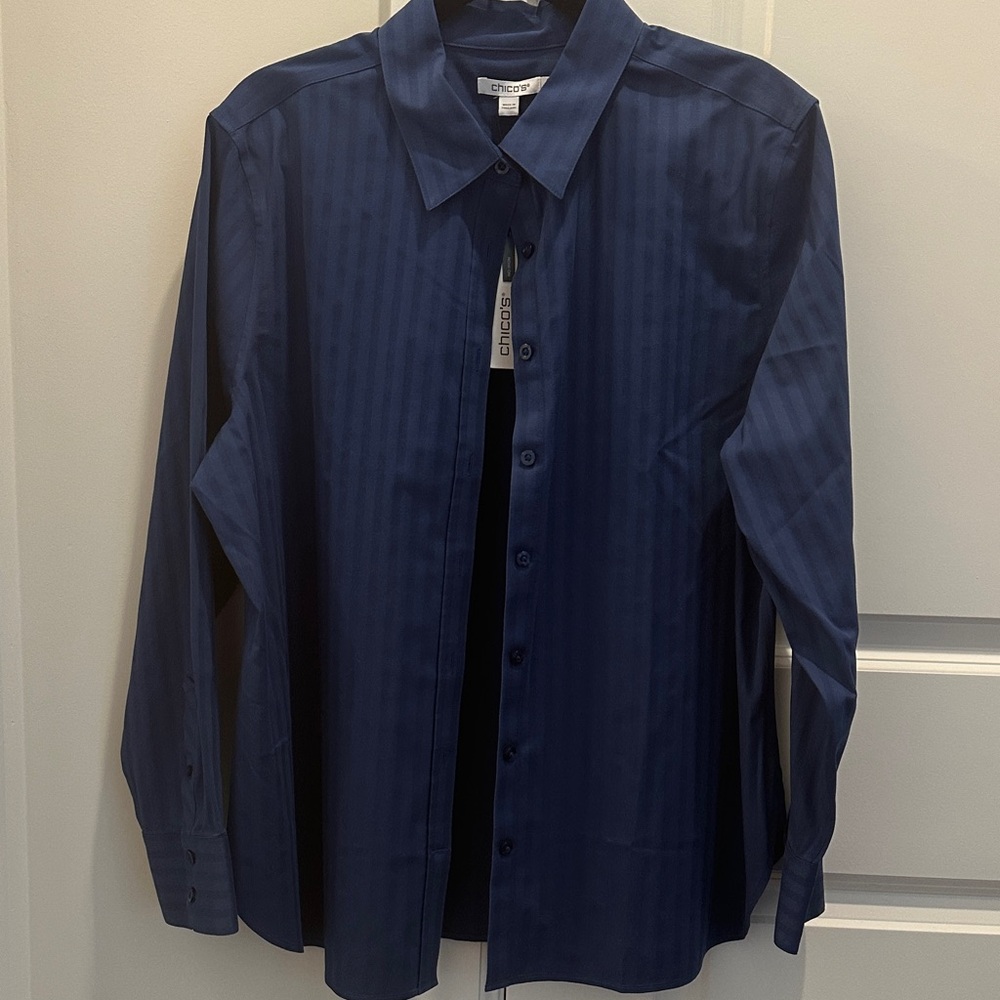 Chico's Navy Tonal Stripe Dress Shirt Size 3, XL
